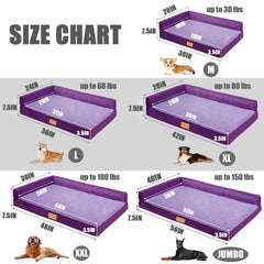 Orthopedic Pet Bed for Large Dogs 42"X28", L Shaped Waterproof Dog Beds with Removable Washable Cover, Purple