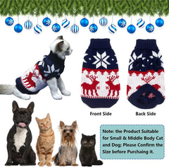 Pet Puppy Christmas Sweater Cat Winter Knitwear Xmas Clothes Navy Blue Sweater with Reindeers Snowflakes Pattern Dog Warm Argyle Sweater Coat for Kittens Small Dogs Cats XS