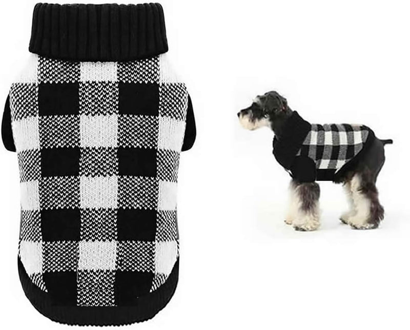 White Black Plaid Christmas Dog Sweater, Holiday Turtleneck Pet Sweater for Small Dogs, Cat Warm Coat Apparel, Winter Knitwear Pet Clothes for Cold Weather Small (S) 12