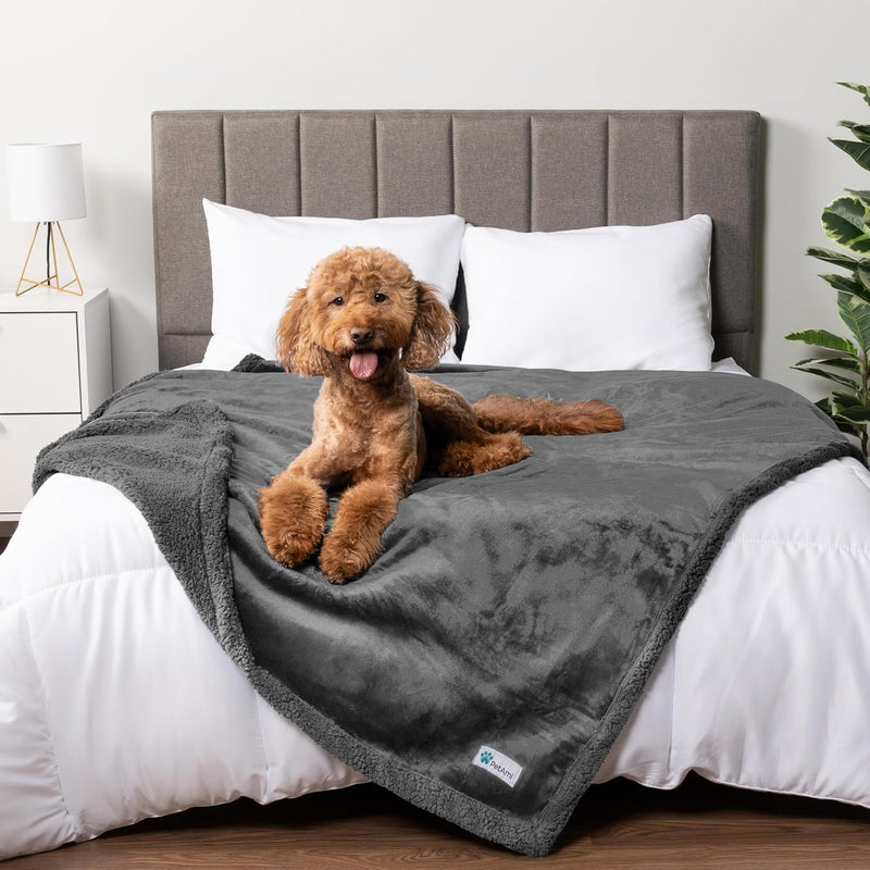 Waterproof Dog Blanket for Bed, XL Dog Pet Blanket Couch Cover Protector, Sherpa Fleece Leakproof Blanket for Crate Kennel Sofa Furniture Queen Bed Protection Reversible Soft 90X90 Grey Grey