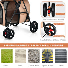 4-In-1 Double Pet Stroller W/ Detachable Carrier Travel Carriage for Cats Beige