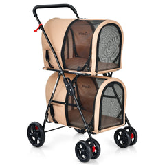 4-In-1 Double Pet Stroller W/ Detachable Carrier Travel Carriage for Cats Beige