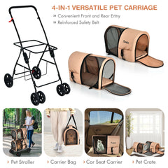 4-In-1 Double Pet Stroller W/ Detachable Carrier Travel Carriage for Cats Beige