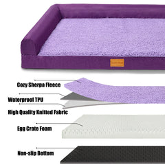 Orthopedic Pet Bed for Large Dogs 42"X28", L Shaped Waterproof Dog Beds with Removable Washable Cover, Purple