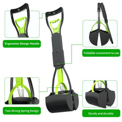 Pooper Scooper, Foldable Dog Poop Waste Pick up Shovel with Long Handle High Strength Material and Spring (Green）