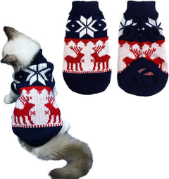 Pet Puppy Christmas Sweater Cat Winter Knitwear Xmas Clothes Navy Blue Sweater with Reindeers Snowflakes Pattern Dog Warm Argyle Sweater Coat for Kittens Small Dogs Cats XS