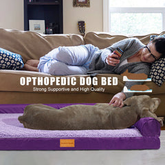 Orthopedic Pet Bed for Large Dogs 42"X28", L Shaped Waterproof Dog Beds with Removable Washable Cover, Purple